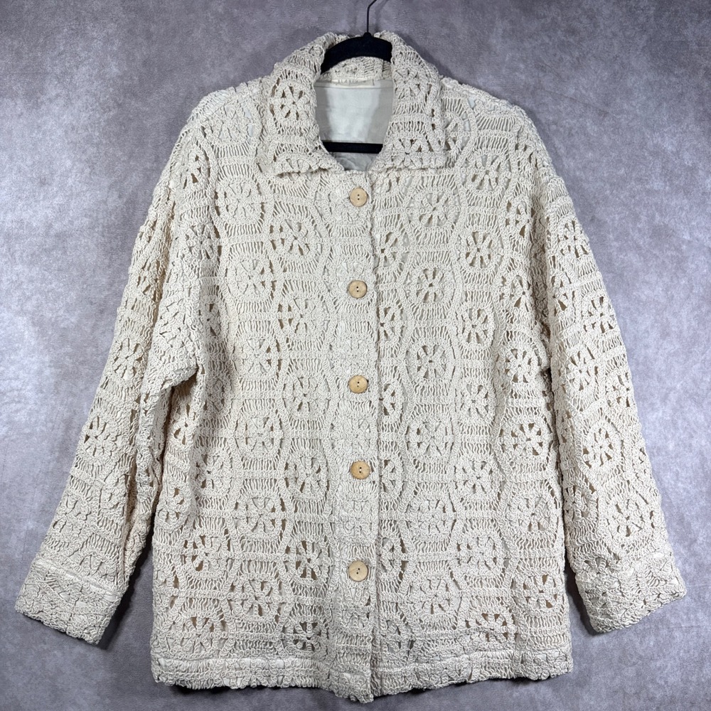 ILLA ILLA Jacket Women M Cream Crochet Lace Button Up Lined Festival Boho Shabby